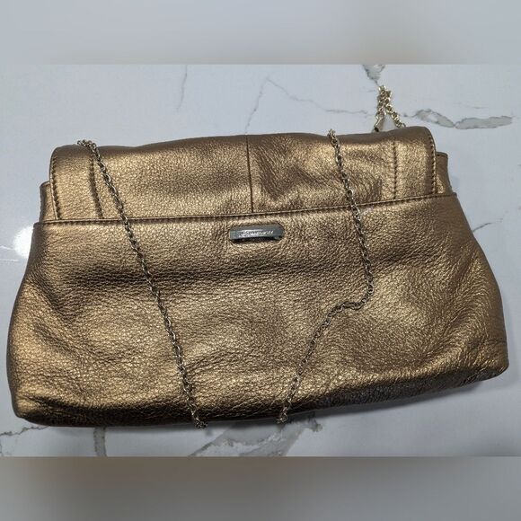 B Makowsky Gold buttery soft Leather Clutch Bag chain handle leopard lining New - Picture 4 of 13